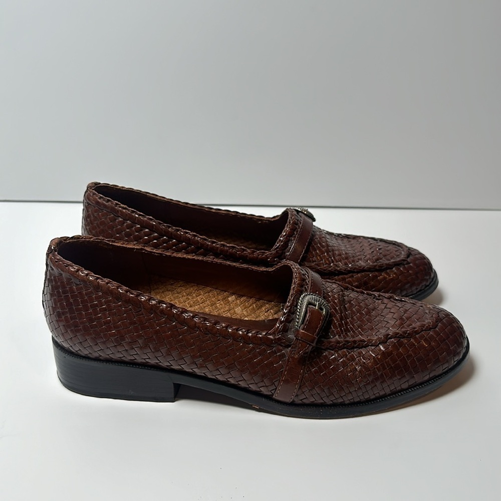 Vintage Brighton Bench Made brown leather braided horchata loafers size 9.5